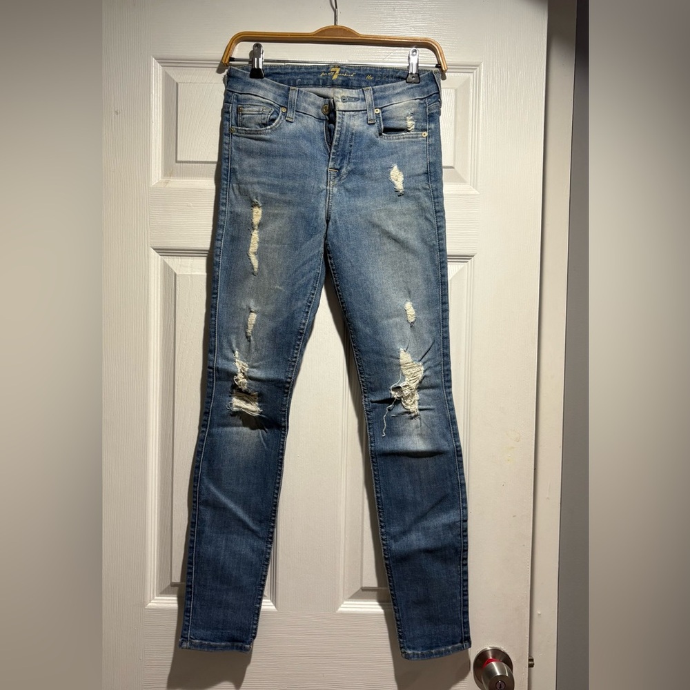 7 For All Mankind Skinny Jeans with Distressing - Light Blue Wash